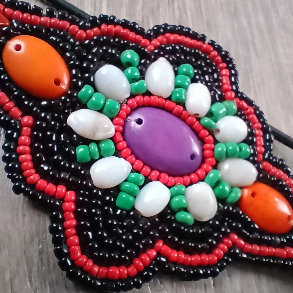 Sead Beaded Headband Elastic Bindy Black Colorful Vtg Statement Boho Southern